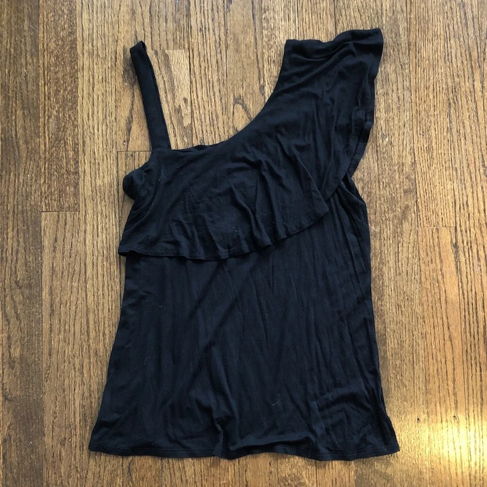 Asymmetrical One-Shoulder Ruffle Stretch Flattering Lightweight Black Blouse - Picture 1 of 5